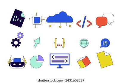 Mobile app development 2D linear cartoon objects set. Software testing technology isolated line vector elements white background. AI in coding process color flat spot illustration collection