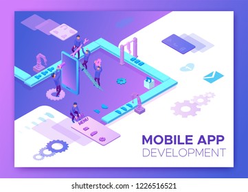 Mobile app development 3d isometric concept, software management vector illustration with developer at conveyor building smartphone application, trendy violet background, landing page template