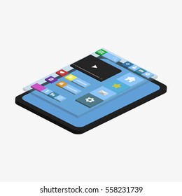 Mobile app development 3d vector flat illustration with smart phone. 3D user interface UI. Isolated on white background