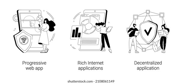 Conjunto de ilustraciones vectoriales abstractas de desarrollo de aplicaciones móviles. Aplicación web progresiva, internet enriquecida y aplicaciones descentralizadas, plataforma de código abierto, diseño de interacción de usuarios metáfora abstracta.
