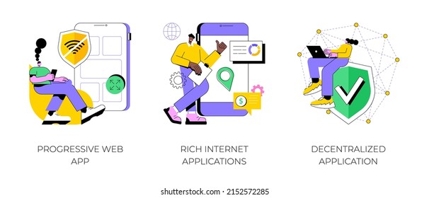 Mobile App Development Abstract Concept Vector Illustration Set. Progressive Web App, Rich Internet And Decentralized Applications, Open Source Platform, User Interaction Design Abstract Metaphor.