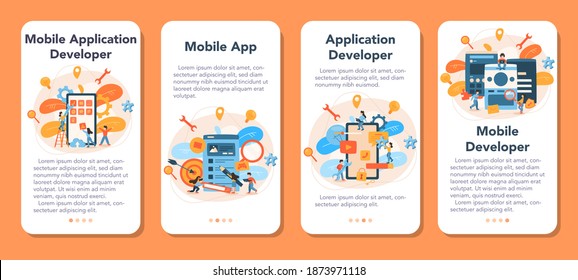 Mobile app development mobile application banner set. Modern technology and smartphone interface design. Application building and programming. Vector flat illustration