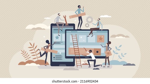 Mobile app development and application design coding tiny person concept. Smartphone software programming or website optimization with teamwork and productive testing cooperation vector illustration.