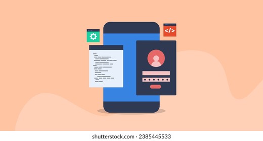 Mobile app development, mobile application, Software coding, Testing mobile app, debugging mode - vector illustration background with icons