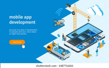 Mobile app development banner. Construction crane, drone, mobile phone and truck. Isometric vector illustration
