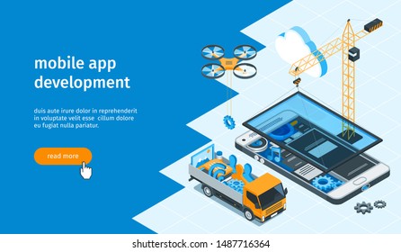Mobile app development banner. Construction crane, drone, mobile phone and truck. Isometric vector illustration