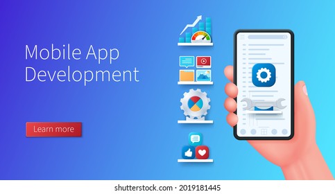Mobile app development banner. Hand holds smartphone with gear and spanner icons on screen. Web vector illustrations in 3D style