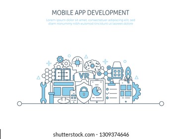 Banner de desarrollo de aplicaciones móviles. Para la página de inicio Interfaz de usuario Smartphone, iconos de sitio web, API de software, concepto de afiche de Seo marketing digital, plantilla de elementos de interfaz de usuario. Símbolos de diseño web de línea delgada planos
