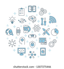 Mobile app development banner. For Smartphone user interface, website icons, Software API, Seo round poster concept Digital Marketing, UI elements template. Thin line Web Design symbols flat