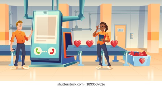 Mobile app development for charity. Vector cartoon illustration with developers, smartphone and conveyor belt. People create nonprofit application and software for donate and beneficence