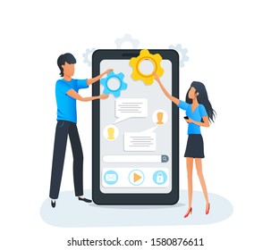 Mobile app development and coding. Process of building mobile application user interface for smartphone or tablet. Software development project. Flat vector illustration