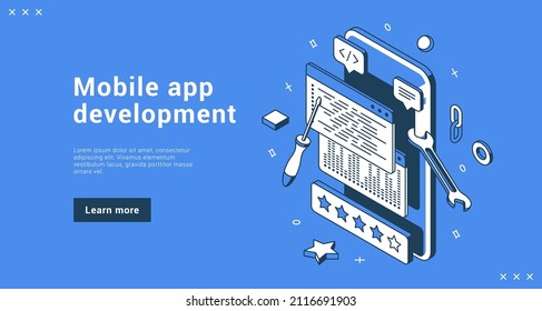 Mobile app development coding software programming internet banner landing page isometric vector illustration. Smartphone application interface building process business modern technology