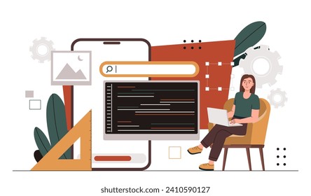 Mobile app development concept. Application and software developer. Programmer and IT specialist write code. Back end and front end development. Cartoon flat vector illustration