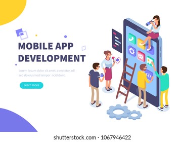 
Mobile app development concept banner with characters. Can use for web banner, infographics, hero images. Flat isometric vector illustration isolated on white background. svg
