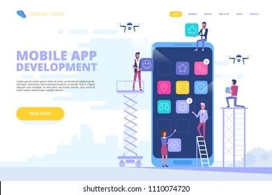 Mobile app development concept banner with characters. Can use for web banner, infographics, hero images. Flat vector illustration