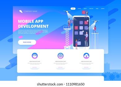 Mobile app development concept banner with characters. Can use for web banner, infographics, hero images. Flat vector illustration