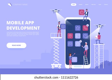 Mobile App Development Concept Banner With Characters. Can Use For Web Banner, Infographics, Hero Images. Flat Vector Illustration