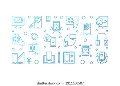 Mobile App Development concept blue vector illustration in thin line style on white background 