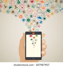 Mobile app development concept, Cloud media icons around tablet  pc or smartphone in hand with icons