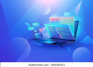 Mobile app development concept design cross platform user interface Laptop with virtual interactive screens processing, web interface design, software coding and programming languages vector 