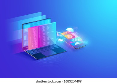 Mobile app development concept design cross platform user interface Laptop with virtual interactive screens processing, web interface design, software coding and programming languages
