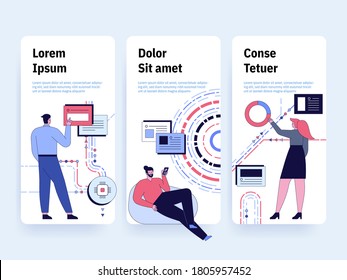 Mobile app development concept. Designers or developers working, testing usability interface, create design project. Vector character illustration of banners template, mobile app onboarding screens