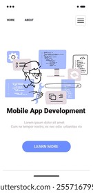 Mobile app development concept with developer coding tools and screens in minimalist thin line style website design
