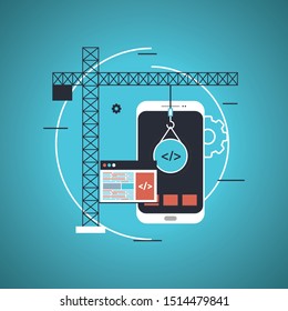Mobile app development concept with flat style. Blue Theme Concept