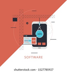 Mobile app development concept with flat style. Concept of line icon