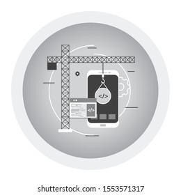 Mobile app development concept with flat style. Black and white icon