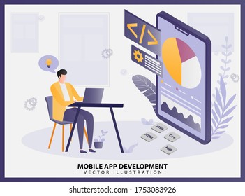 Mobile App development concept flat isometric. Easy to edit and customize. work on software application. 
 Can use for a landing page, web banner, infographic, flyer, UI, UX. vector 