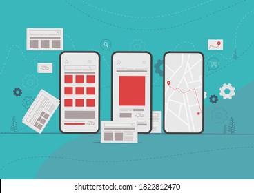 Mobile app development concept illustration design. Map navigation. Delivery