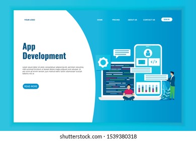 Mobile app development concept landing page illustration. laptops and cellphones are equipped with people who are doing coding can be used for websites, landing pages, UI, mobile applications