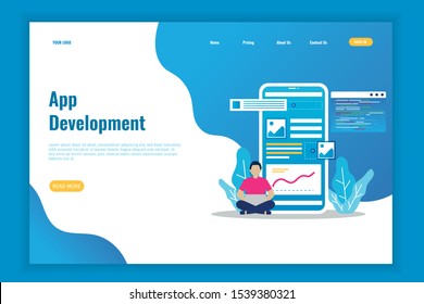 Mobile app development concept landing page illustration. laptops and cellphones are equipped with people who are doing coding can be used for websites, landing pages, UI, mobile applications