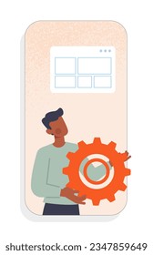 Mobile app development concept. Man with coghweel write table. IT specialist and programmer, developer. Poster or banner. Cartoon flat vector illustration isolated on white background