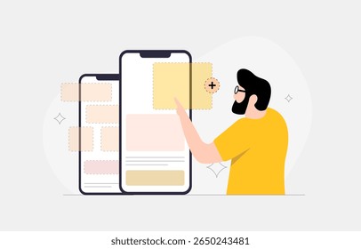 Conceito de desenvolvimento de aplicativos móveis com interface personalizada manual por meio de elementos arrastar e soltar. Construtor de ui de otimização de Ux, prototipagem de aplicativo e ferramentas modernas sem código. Ilustração de desenvolvimento de aplicativo móvel