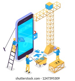 Mobile app development concept. Modern technology and smartphone interface design. Application building and programming. Construction worker at the big mobile phone. Vector isometric illustration