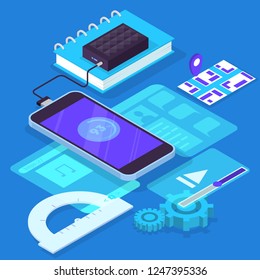 Mobile app development concept. Modern technology and smartphone interface design. Application building and programming. Vector isometric illustration