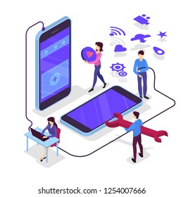 Mobile app development concept. Modern technology and smartphone interface design. Application building and programming. Vector isometric illustration