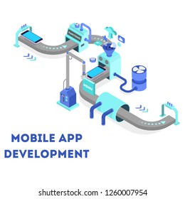 Mobile app development concept. Modern technology and smartphone interface design. Application building and programming. Vector isometric illustration