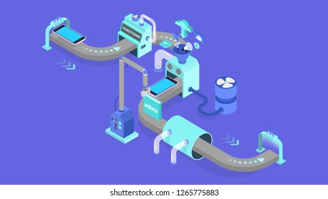 Mobile app development concept. Modern technology and smartphone interface design. Application building and programming. Vector isometric illustration