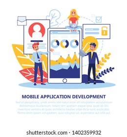 Mobile app development concept. Modern technology and internet connection. Smartphone interface. Coding and programming. Vector illustration in cartoon style