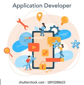 Mobile app development concept. Modern technology and smartphone interface design. Application building and programming. Vector flat illustration