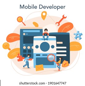 Mobile app development concept. Modern technology and smartphone interface design. Application building and programming. Vector flat illustration
