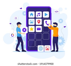 Concepto de desarrollo de aplicaciones móviles, Personas construyendo y creando aplicaciones de software en una gigantesca ilustración vectorial plana de smartphones