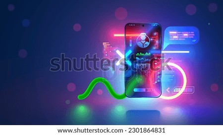 Mobile app development concept. Phone vector hanging over desk in neon light with mobile applications development interface elements. Smartphone software dev digital technology. Mobile app design.