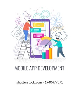 Mobile app development concept. The process of developing a mobile application interface. Young little men design a mobile app.