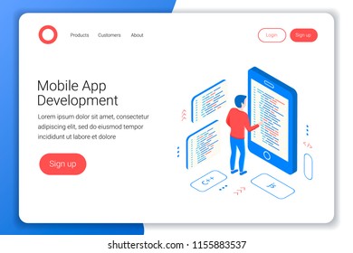 Mobile app development concept. Programmer writes the code on the smartphone. Flat 3d isometric. Landing page template. Vector illustration.
