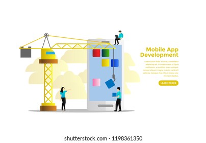 Mobile app development concept. Ready to use vector illustration. Suitable for background, wallpaper, landing page, web, banner, card and other creative work.
