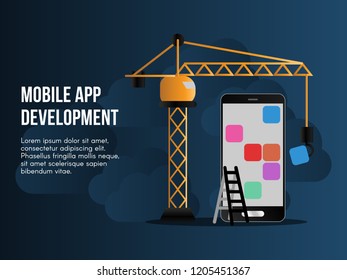 Mobile app development concept. Ready to use vector illustration. Suitable for background, Wallpaper, landing page, web, banner, card and other creative work.